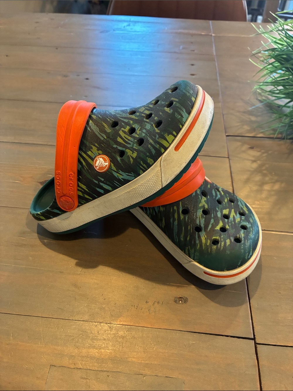 CROCS Kids Green Camo Slip-On Clog with Orange Strap